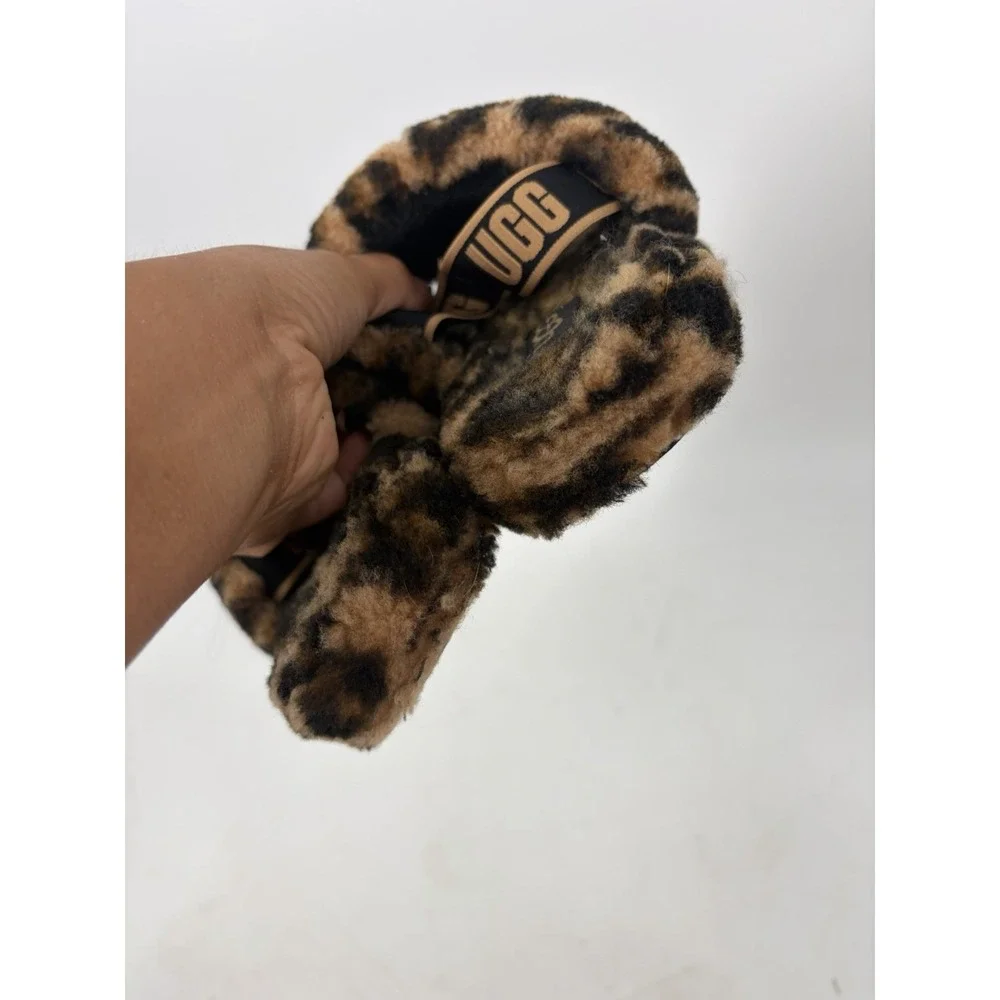 UGG Fluff Yeah Slides Girls Panther Print Slipper Slip On Brown Size 2 Fuzzy